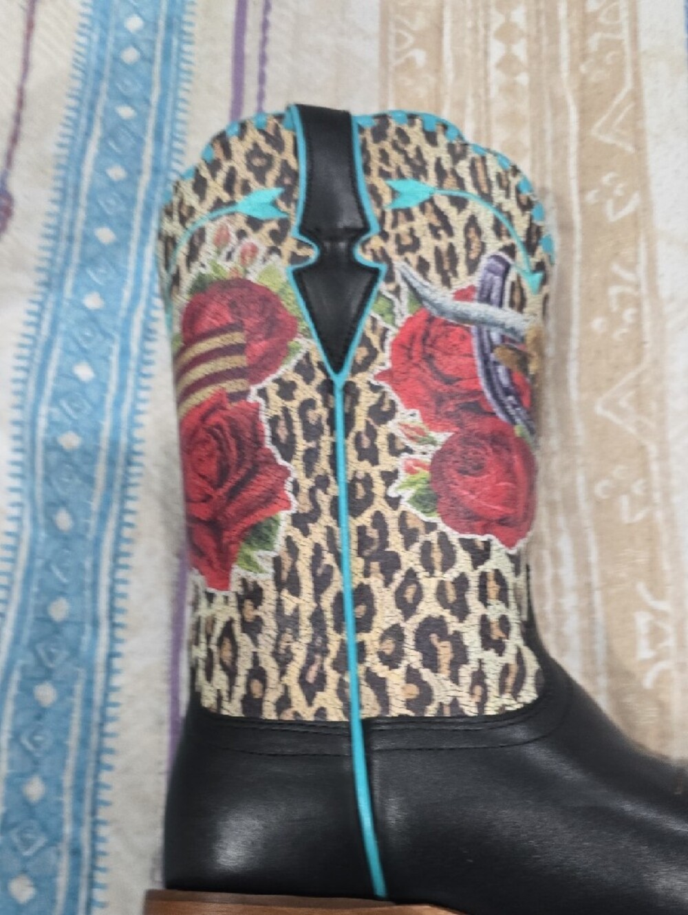 Ariat Black Leather Western Boots with Leopard Print and Red Rose Embroidery - Picture 7 of 12